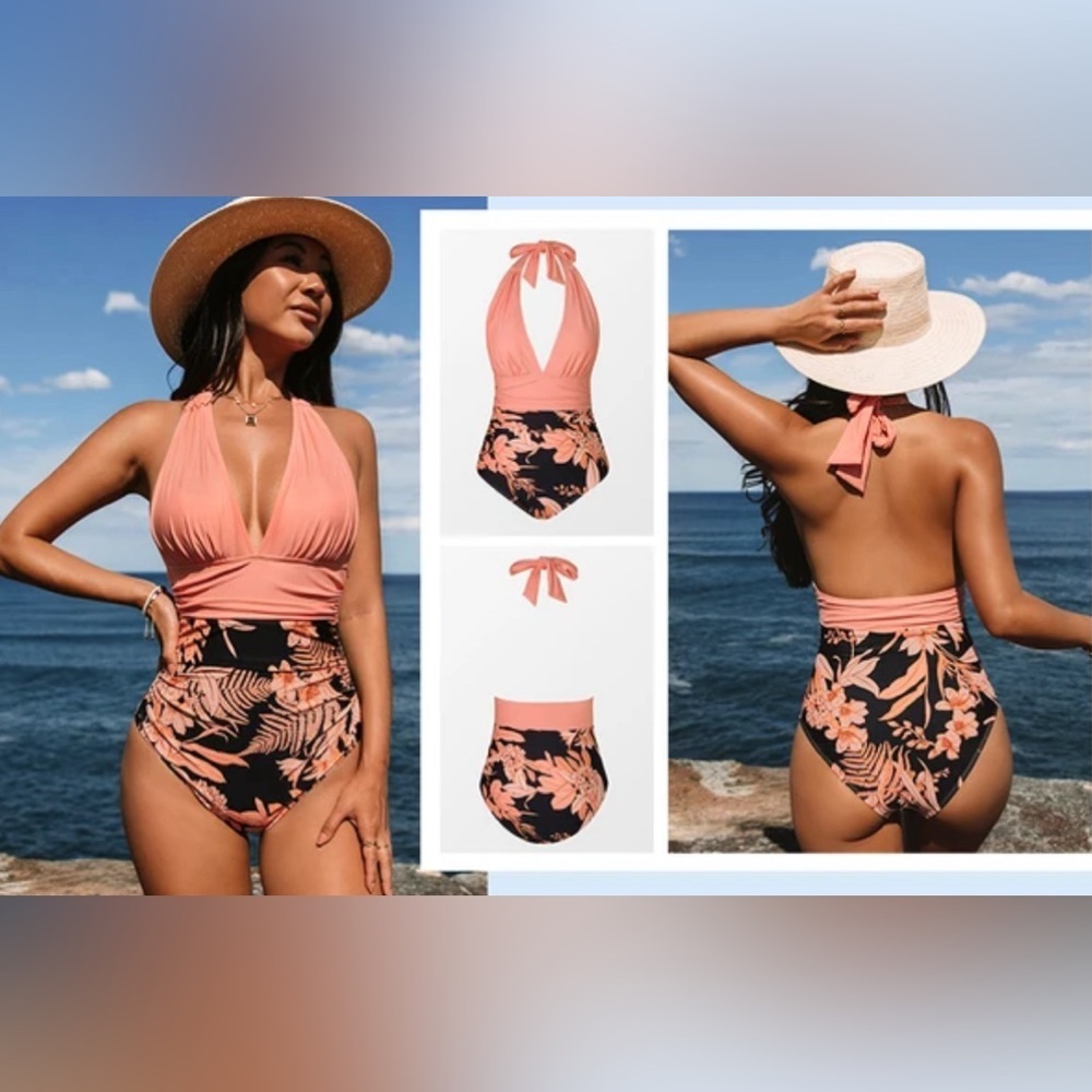 Cupshe Sz M Solid Colourway Halter Top Paisly Floral Bottombathing Suit New